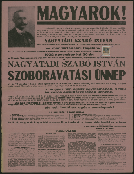 Plakát hirdeti Nagyatádi Szabó István szobrának avatási ünnepségét, 1932