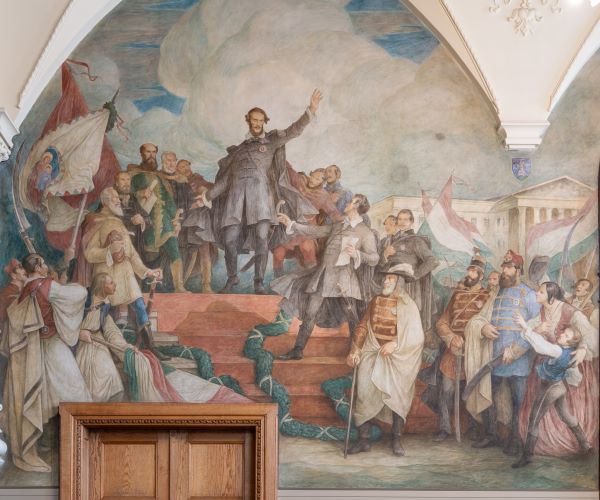 Udvary Géza Kossuth Lajost megörökítő falfestménye az Országház Nándorfehérvár-termében