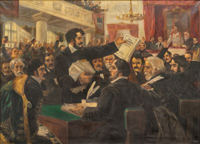 Ifjabb báró Wesselényi Miklós 1835. január 29-én kiosztja a kősajtón nyomott cenzúrázatlan Országgyűlési Naplót.