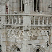 Vízköpő állatfigura és zászlót tartó állatfigura kőszobor az Országház egyik dunai tornyán, 2014